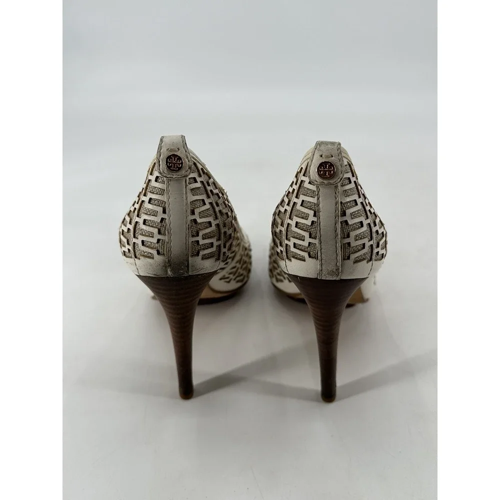 TORY BURCH‎ REGAN LEATHER WHITE OFF HEEL PUMP OPEN TOE SIZE 10.5